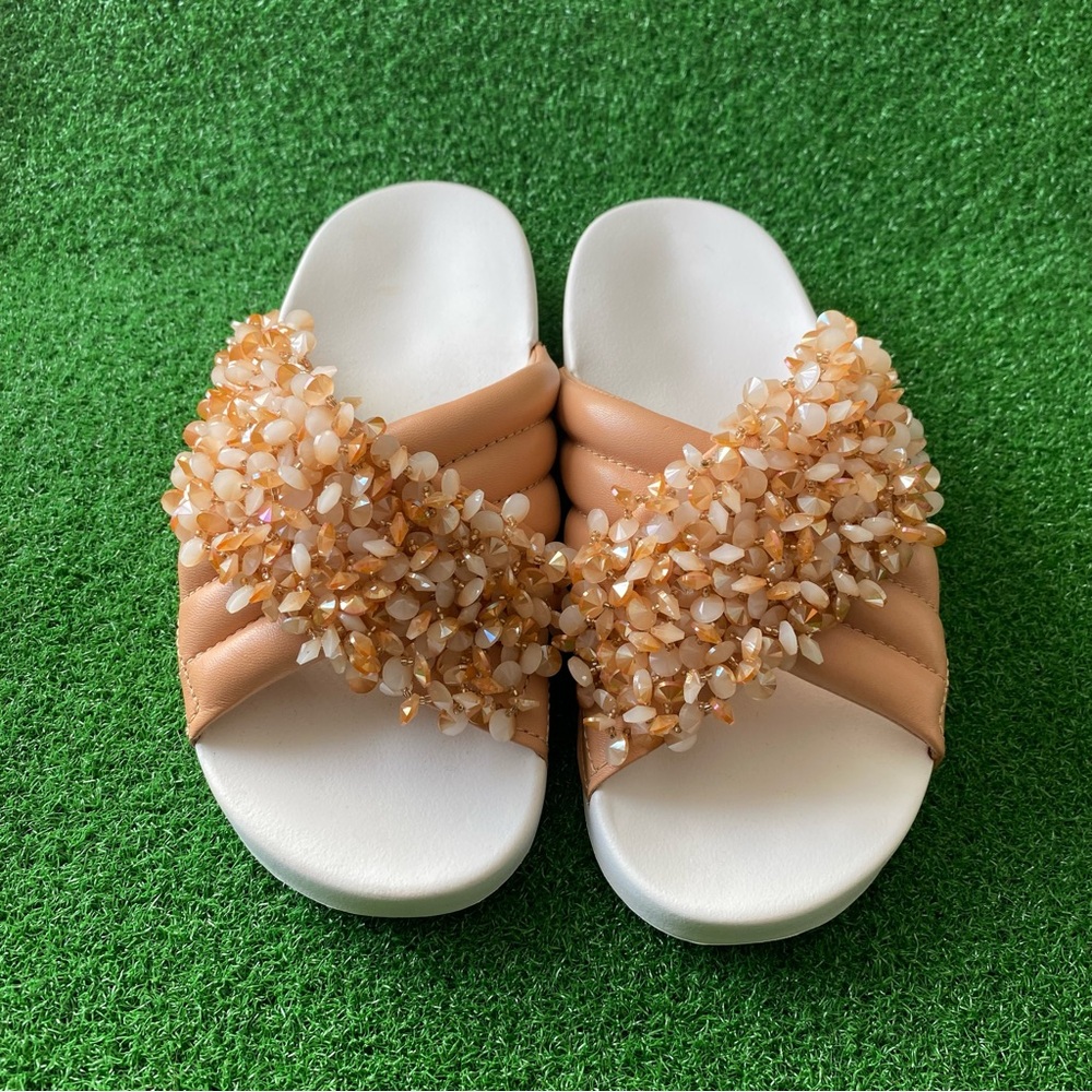 TORY BURCH LOGAN EMBELLISHED SLIDE SANDALS Sz 7 Women’s - Picture 2 of 7